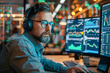 Fototapeta premium Finance Professionals Analyzing Market Data and Making Calls in Large Call Center Office, Utilizing Telemarketing Strategies and Stock Market Charts.