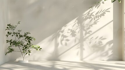 Abstract light beige backdrop with light and intricate shadows from the window and plants on the wall, perfect for showcasing products.