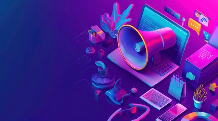 Modern illustration of isometric digital marketing and online shopping. Mobile phone, big megaphone, and 3D promotion icons. Landing page and ultraviolet sales banner. Generative AI