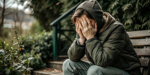 A man sits depressed, covering his face with his hands, an emotional state generated by AI
