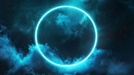 Fototapeta premium Modern illustration of neon blue circle in sparkling cloud of smoke. Milky way stars in night sky. Illuminated led border with abstract stardust mist. Generative AI