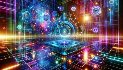 Obraz premium A vibrant futuristic cyberspace scene featuring neon colors, glowing grids, floating holograms