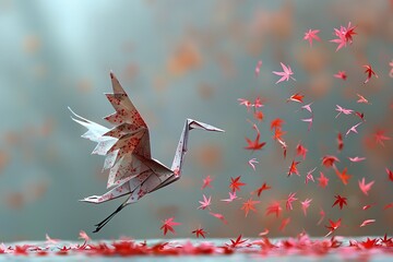Origami crane surrounded by red autumn leaves, representing tranquility and creativity in an enchanting natural setting. - Powered by Adobe