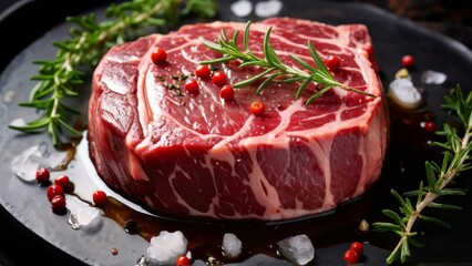 Fototapeta premium Ossobuco steak in the cut: juicy raw meat spread out on a bed of fragrant herbs.
