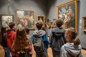 Fototapeta premium Students on an Educational Field Trip to an Art Museum Discussing Famous Paintings and Sculptures