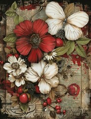 Mixed media collage with red and white flowers and vintage text