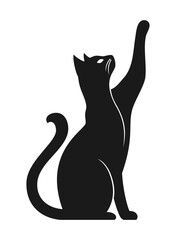 Black silhouette of a sitting cat stretching its paw up. Vector illustration