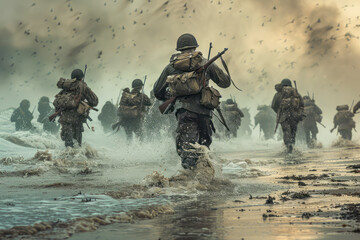 Allied Troops Storming the Shoreline: Soldiers Brave the Waters with Determination in Vintage Archive Style.