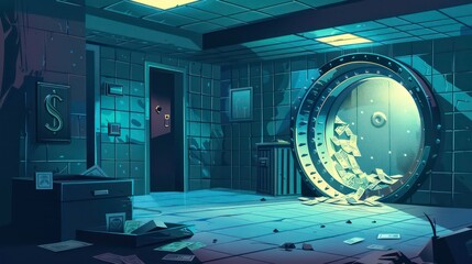 Modern illustration of robbery from bank vault safe. Illustration shows empty room, open door, some money, and digging hole. Generative AI