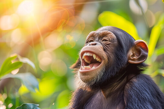 Chimp monkey laughs in tropical forest on sunshine