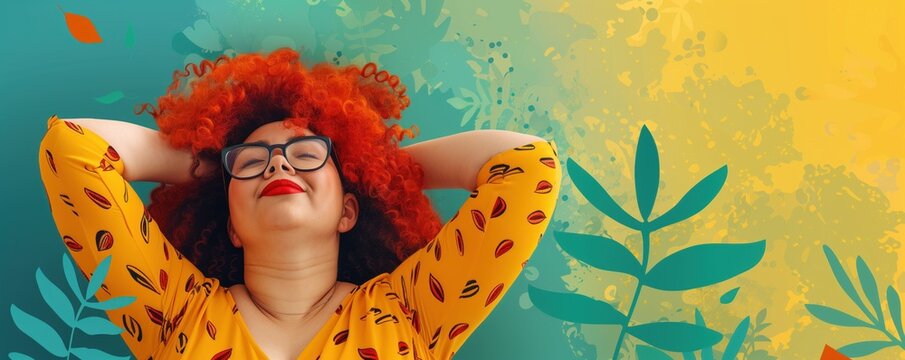 Body positive, confident modern woman with bright orange hair closed eyes dreamily. Bright summer yellow turquoise banner with copy space for advertising. Body positivity and self acceptance concept