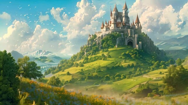 A painting showcasing a grand castle standing proudly amidst a vast field, A whimsical fairytale castle perched on a cliff overlooking a waterfall