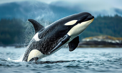 Fototapeta premium Spectacular Bigg's Orca Whale Leaping Out of the Water in Vancouver Island at Dawn, Capturing Ocean Wildlife and Adventure