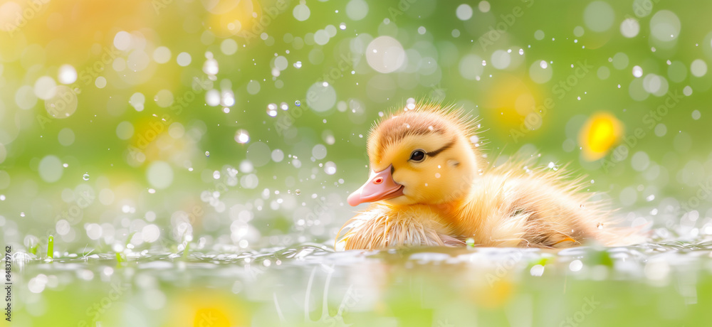 Wall mural cute yellow duckling on soft background