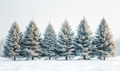 Naklejka premium Snow-Covered Pine Trees in Winter Wonderland Against White Sky Background, Serene Frozen Forest Landscape, Nature's Tranquility in Cold Season