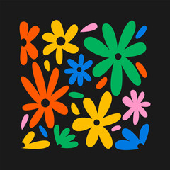 Obraz premium Abstract colorful acid flowers on a black background. Vector flat floral illustration. Modern contemporary poster