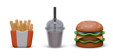 Paper packaging with French fries, plastic cup with drink and straw, big hamburger