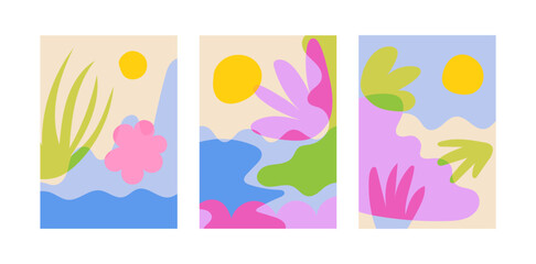 Set of abstract summer posters. Vector flat illustration of various organic shapes. Tropical exotic creative design