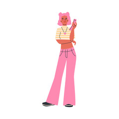 U2K retro fashion. A girl with pink hair is wearing a short top and pink flared jeans.