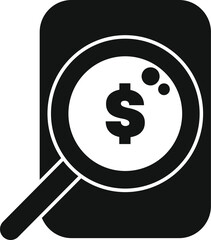 Magnifying glass is inspecting a dollar sign displayed on a smartphone screen, symbolizing mobile banking, online payments, and financial technology