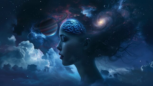 Human head with universe and planets flying around it,dark background.