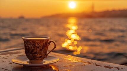A hot Turkish coffee cup as the sun sets and the azure waves of the beach stretch out. Picture of an idea of independence, relaxing on vacation, and relaxation.