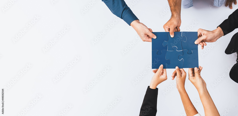 Poster Top view panorama banner of business team joining jigsaw puzzle together over meeting table symbolize business partnership and collective unity teamwork in problem solving solution. Prudent