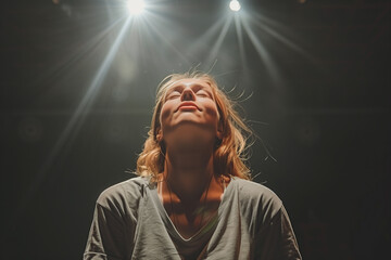 A woman looks upwards with a serene expression, illuminated by dramatic overhead lights in a dark setting, conveying a sense of introspection and tranquility