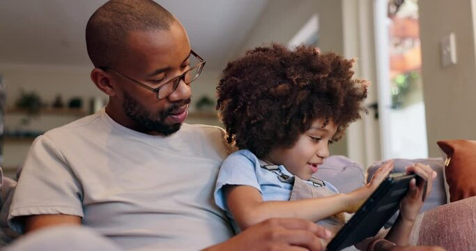 Man, boy and tablet scroll on sofa at house for reading ebook online, storytelling or bonding together for support. Father, child and relax by streaming cartoon movie, love or development care
