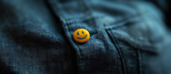A yellow smiley face button of a dark blue jean