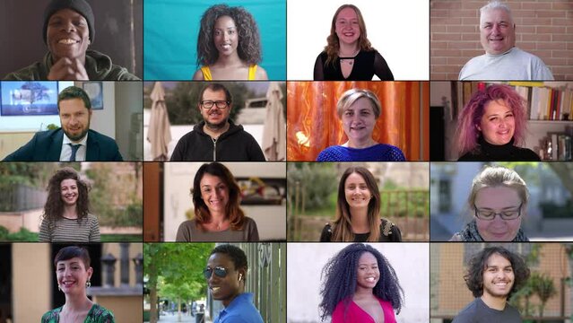 A multiscreen showing 16 people of various ethnicities, including a majority of Caucasians and several Africans, all smiling joyfully, showcasing the beauty of diversity.