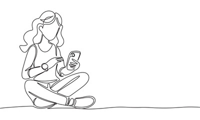 Woman sitting with phone one line continuous. Woman with phone line art. Hand drawn vector art.