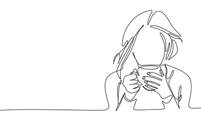 Woman drinks coffee one line continuous. Young woman drinks tea line art. Hand drawn vector art.