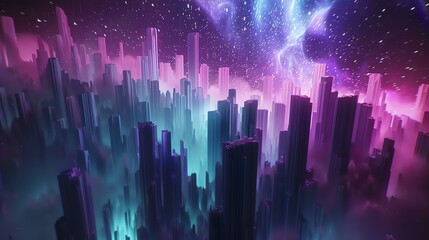 A futuristic cityscape under a colorful starry sky.