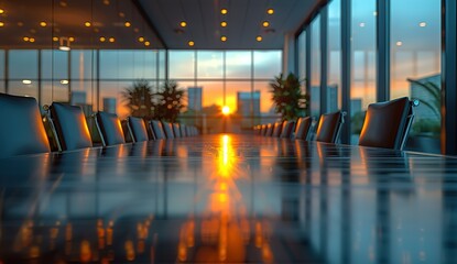 A large conference table with many chairs and a sun shining through the windows