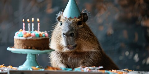 Funny capybara with birthday cake greeting card