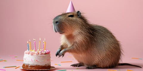 Funny capybara with birthday cake greeting card. Copy space for text