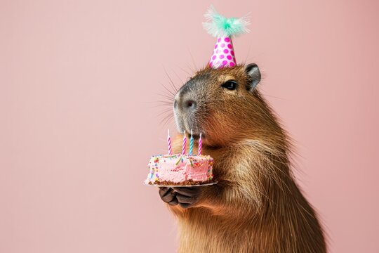 Funny capybara with birthday cake greeting card