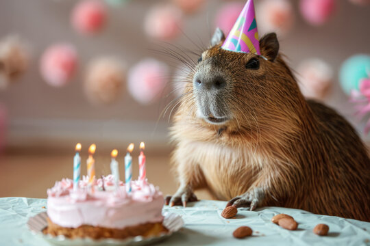 Funny capybara with birthday cake greeting card