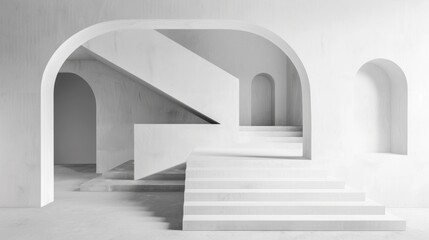 Fototapeta premium Minimal Architecture Design with steps, arch, podium, White Industrial background.