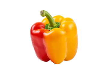 Close-up of a uniquely colored bell pepper with red, yellow, and green segments. Isolated on a white background, perfect for creative food presentations.