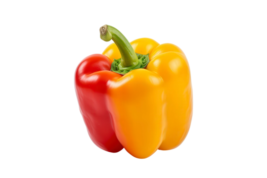 Close-up of a uniquely colored bell pepper with red, yellow, and green segments. Isolated on a white background, perfect for creative food presentations.