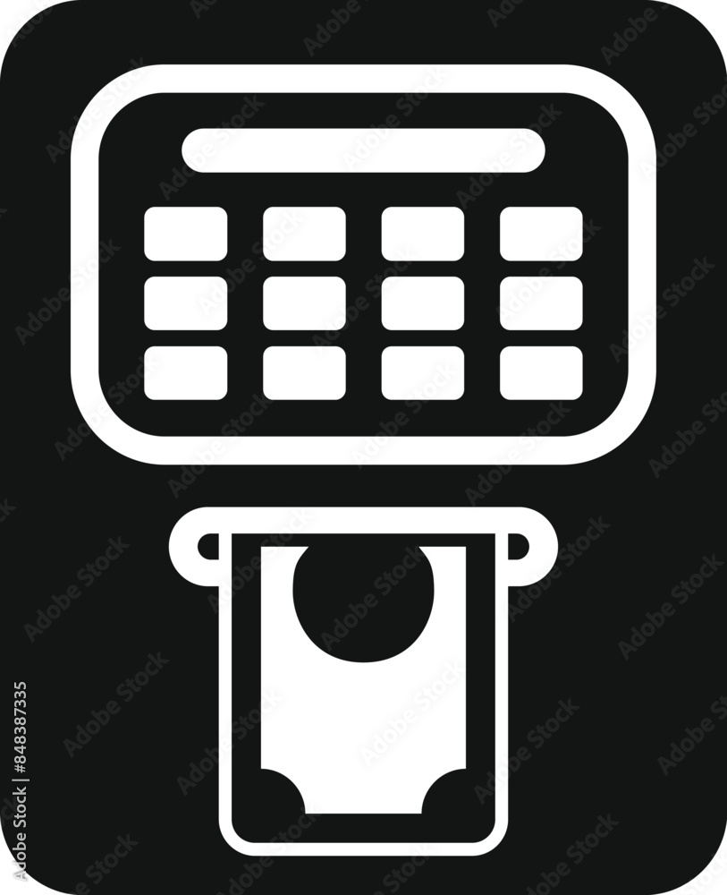 Sticker Black solid icon for an atm dispensing a banknote