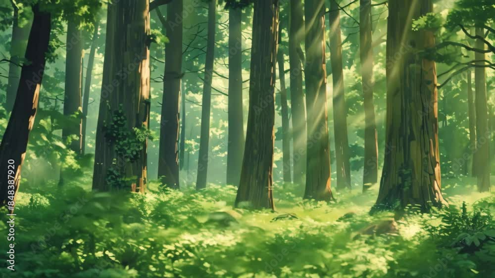 Poster A painting depicting a dense forest filled with lots of towering trees, A whimsical forest filled with towering trees and dappled sunlight