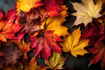 Fototapeta premium Fallen colorful and withered maple leaves on dark surface. Autumn leaves background, top view. Celebrate fall, Thanksgiving, Halloween.