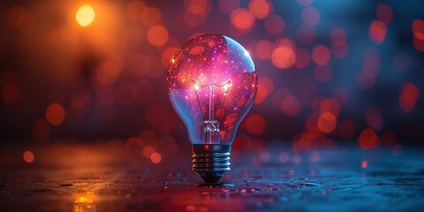 A light bulb is lit up in a blurry, colorful background
