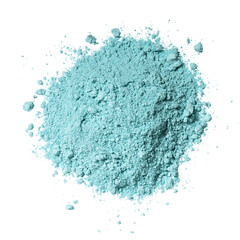 Texture swatches of cosmetic blue clay kaolin, eye shadows, powder on a white isolated background. Natural face mask. Dry matcha tea