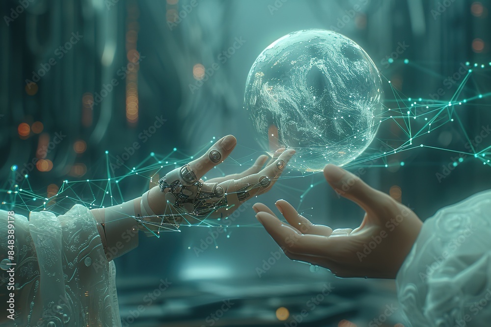Wall mural a pair of hands holding a glowing orb that is surrounded by a web of lines