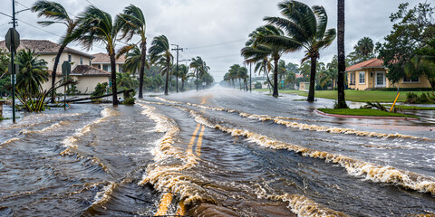 Homes on flooded street during a hurricane, tropical storm, Florida, wide banner