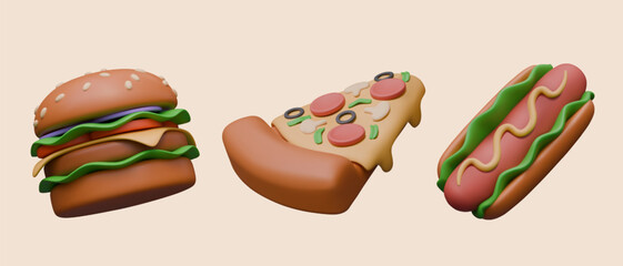 Set of fast food icons in 3D plasticine style. Burger, slice of pizza, hot dog